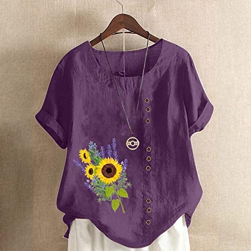 Linho do pescoço de barco Cotton Sunflower Flowic Graphic Fit Plus Tamanho Blusa Sexy Camiseta feminina de manga curta