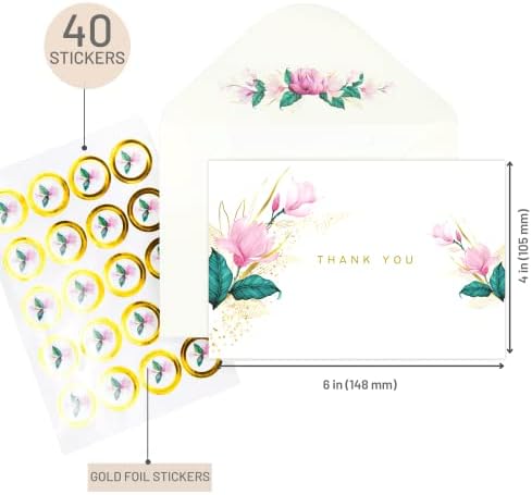 Anna Marie Collections 36 Cartões de agradecimento com envelopes e adesivos de papelão dourados para casamento elegante, chuveiro de noiva, chá de bebê, evento de negócios, 6 rosa Floral Agradecemos