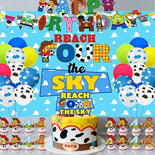 Alcance quatro The Sky Backdrop Toy Inspired Story 4th Birthday Party Beddrop Banner For Boys Girls 4th Cartoon Story Decorações de