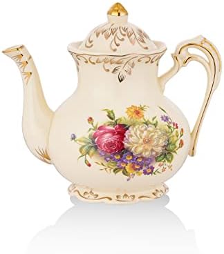Bule de porcelana europeia infantil, bule de chá floral vintage, bule de chá floral com acabamento em ouro marfim, presente para mulheres
