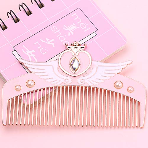 SailorMoon Makeup Detangler Pent - pente de cabelo de cabelo de metal rosa fofo com cristal em forma de estrela do coração da asa