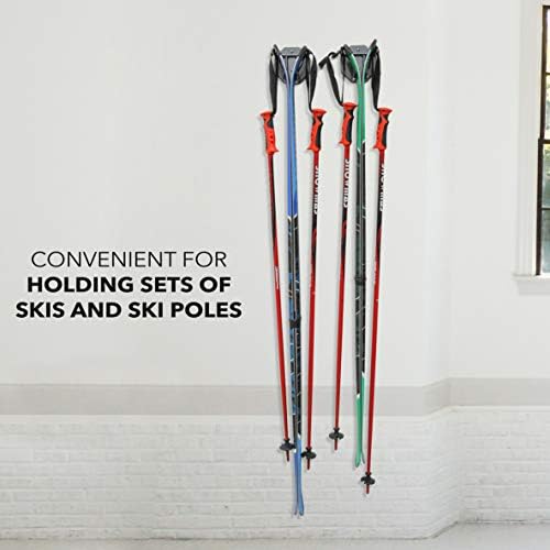 Cack de esqui montado na parede, segura 2 pares de bastões de esquis e esqui ou snowboard, para armazenamento em casa e garagem, montado na parede, serviço pesado, gancho revestido de borracha, conjunto de 2 ganchos