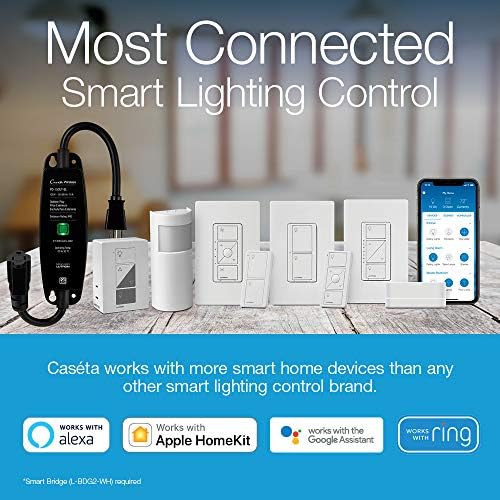 Lutron Caséta sem fio Iluminação Smart Dimmer Switch para luzes de parede e teto com placa de parede | PDW-6WCL-WH-A | Branco
