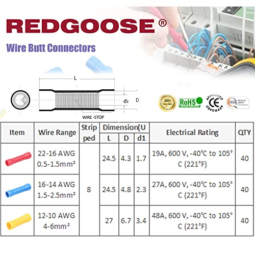 Redgoose 120pcs conectores de butt de arame 22-10 AWG Kit de sortimento isolado de arame marinho isolado de arame marinho