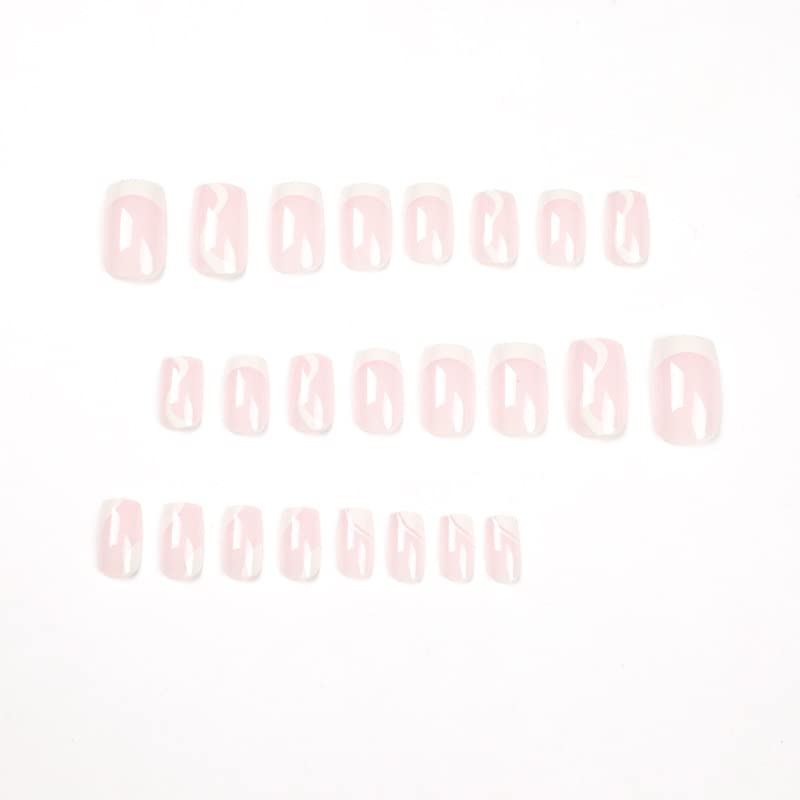 24 PCs French Tip Press Pressione unhas de unhas curtas cola grossa rosa em unhas design dicas de unhas brancas acrílico unhas quadradas bastão de unhas para mulheres meninas