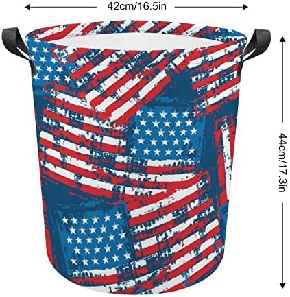 Cestas de lavanderia de bandeira americana de grunge angustiado com alças impermeabilizáveis ​​de roupas redondas de roupas redondas