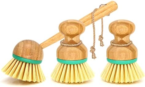 Conjunto de 3 escovas de lavagem de prato, alça de bambu, limpeza de madeira escovas de escovas de cerdas rígidas