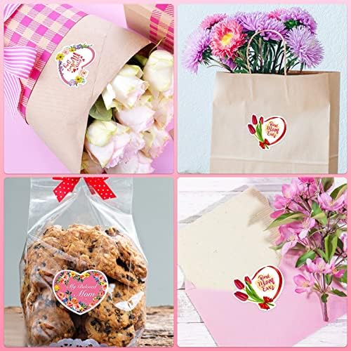 Juesmos 48pcs Feliz Dia das Mães Presente Adesivos 1.5 Love Heart Day Day Stickers Flores Tags de presente adesivos para
