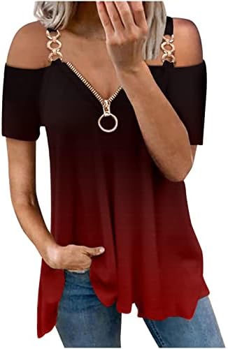 Tops femininos Moda de manga curta Camisas de ombro frio sexy Camiseta casual, Blushs de decote em V Zipper de Túnica Ombre