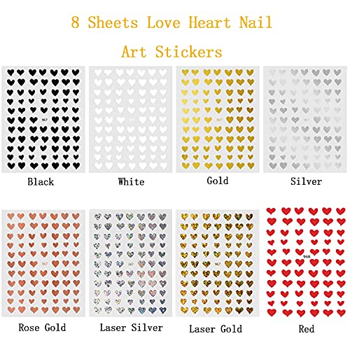 8 lençóis adesivos de arte de unhas de coração com 18 lençóis adesivos coloridos na arte
