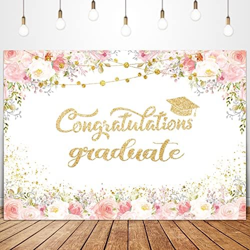 GLAWRY Parabéns Centro de Graduação para Fotografia de 7wx5h Fez Aquarela Trencadora de Flor Rosa Pontos de Ouro Dots Glitter String Lights Decorações de festa