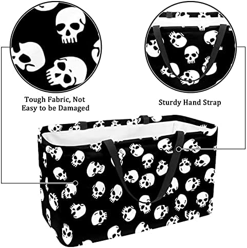 Bolsas de supermercado reutilizáveis ​​de Lorvies Cascas de armazenamento, Halloween Black White Skull Clavel Collapsível utilidade sacolas com alça longa