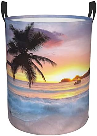 Sunrise Tropical Palm Tree Island Cesto de lavanderia redonda cesto de lavanderia com alça para o quarto Banheiro lavanderia