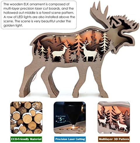 Hometu Multilamyer Wooden Elk com cena da floresta Estátua Shadow LED Caixa - 8 polegadas Lâmpada da lâmpada da lâmpada