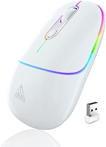 Solakaka silencioso 2,4 GHz mouse sem fio branco, ratos de computador recarregáveis ​​com luzes RGB, receptor USB, mouse de escritório móvel portátil sem fio para laptop PC Mac, desktop
