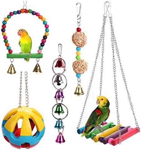 Happytoy 4pcs Bird Papagot Toys Play Set para gaiola de pássaro, sinos de brinquedos para mastigação coloridos, balanços