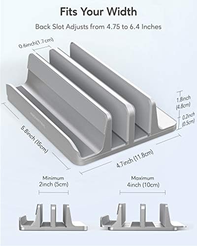 Suporte de suporte de laptop vertical acima, 3 slots de mesa de alumínio com tamanho de doca ajustável para MacBook, tablet,