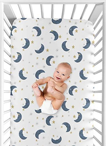 Sweet jojo projeta lua e estrela menino ou menina equipada com chapéu de berço bebê ou criança berçária - azul marinho e aquarela dourada céu celestial