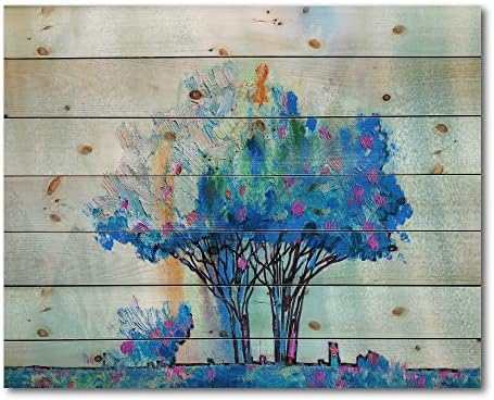 Designq Impressão de árvore de cor azul I Modern e contemporâneo Decoração de parede de madeira, arte azul de parede de madeira, paisagens grandes painéis de parede de madeira impressos em arte natural de madeira de pinheiro