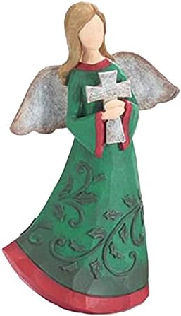 Uma férias de feriado de 8 polegadas de 8 polegadas de Natal verde estatueta de anjo com holly em relevo Holding Cross-Decoração decorativa Christian Natal