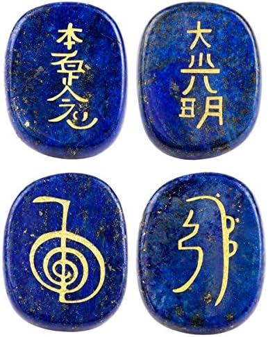 Pacote MookaitEdecor - 2 itens: Conjunto de 4 símbolos de chakra gravados Símbolos de palmeiras polidas e conjunto de 7 pedras de chakra símbolos ingleses gravados Símbolos polidos para cura de cristal