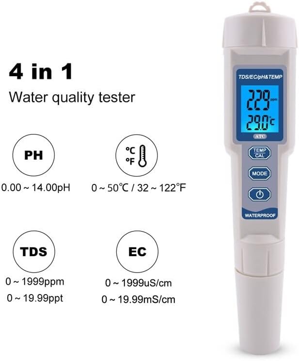 4 em 1 tds pH medidor pH/TDS/EC/medidor de temperatura Testador de monitor de qualidade de água digital para piscinas, água potável, aquários