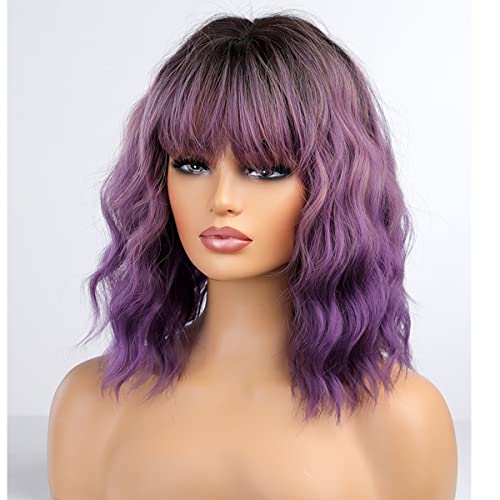 WTHCOS Purple Wigs for Women Women Curto Curado Wavy Purple peruca ombre Purple Wig com raízes escuras Purple Bob Wigs Synthetic for Cosplay Fantas