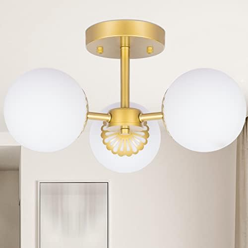 Meio do século Modern Modern Brass Semi Flush Mount Teto Light, 3 luzes de lustre de ouro de vidro globo de 3 luzes, luminária de teto pendurada no globo para o quarto da sala da sala de estar Betineiro