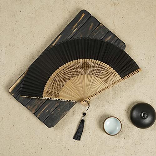 Ventilador de mão dobrável elegante | Fã de seda de bambu com borla | Presente de Decoração Vintage Chinesa Japanha -japonesa -Presente de decoração de dança de casamento Party | Os fãs da mão para mulheres dobráveis ​​| Ventilador portátil | 1pc, preto