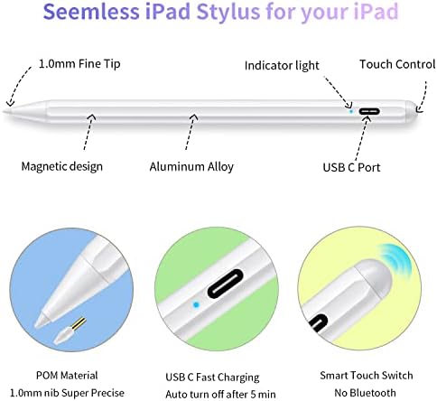 PEN DRYMOKINI STYLUS 2ª geração com rejeição de palma, lápis de ponta finez magnética, alta precisa para Apple iPad 2018-2022 para iPad 6/7/8/9/10, iPad Air 3/4/5, iPad Mini 5/6, iPad Pro 11 , iPad Pro 12.9
