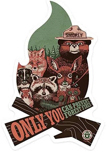 Adesivo Cut Smokey Urso e criaturas da floresta, apenas você pode prevenir incêndios florestais, adesivo de vinil de contorno 1
