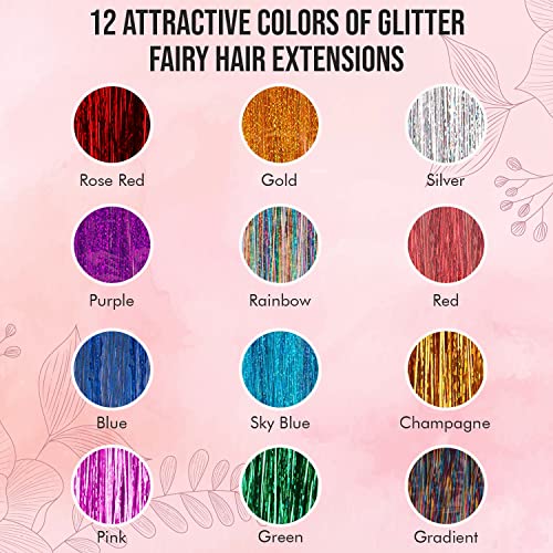 Zealibrate 12 colorido kit de tinsel de cabelo com 2400 fios de fadas e ferramentas - resistente ao calor brilhante brilhante brilhante