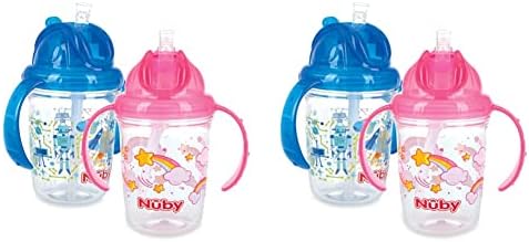 Nuby Tritan 2 Handle sem spill it palha gorda copo estampado-8oz/ 240 ml, mais de 12 meses, 1pk impressões podem variar