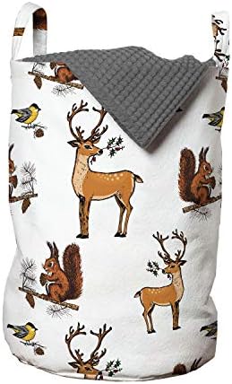 Bolsa de lavanderia de esquilo de Ambesonne, padrão de natureza do ano novo com renas e pássaros cardeais esboços de arte, cesta