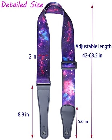 Tiras de guitarra Rauyivany, belo padrão de céu estrelado, ambos termina em couro longo com travas de alça + botões + 3 escolhas, comprimento ajustável para acessórios elétricos acústicos e guitarras de baixo