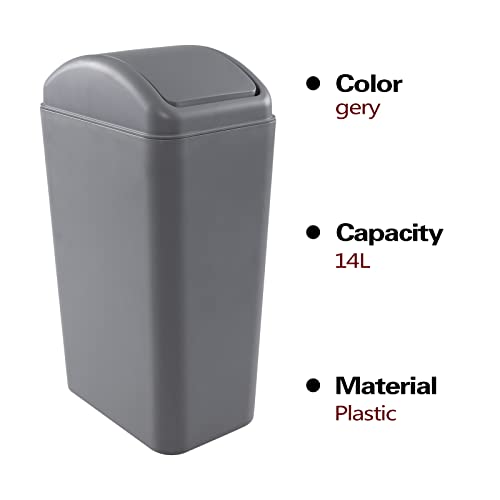 Buyitt 1 Pacote de lixo de lixo de tampa de plástico, lata de lixo com tampa oscilante, cinza, 14 l