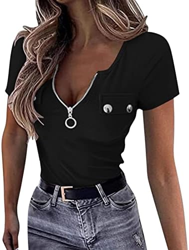 Camiseta de manga curta Mulheres de moda sexy zíper v pesco