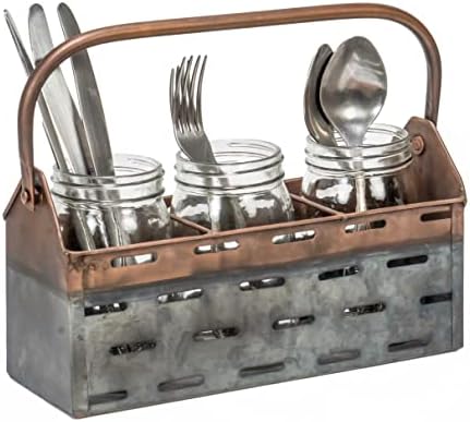 Red Co. 12 ”x 6” Galvanized Metal & Copper Kitchen Utensil Helder Caddy com 3 frascos de vidro transparente