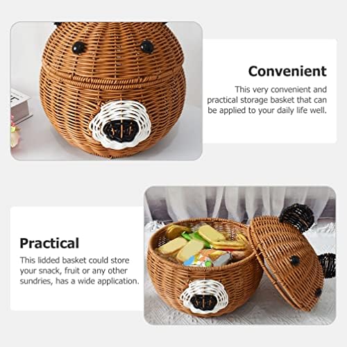 Zerodeko Rattan, cesta de cesto de urso cesto com tampa de cesta de vime de vime de cesta de animais fofa para lanches