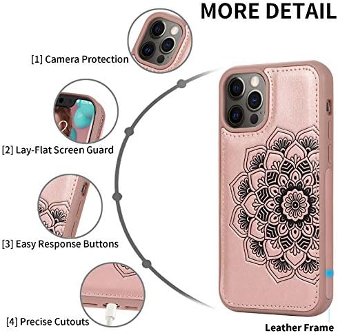 Case do iPhone 13 Pro Max Wallet Case para mulheres, magnetic destacável Mandala em relevo em couro com esteira de couro