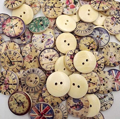 LASSUM 50 PCS Estilo vintage Padrões misturados relógio 2 orifícios Botões de madeira Acessórios de costura Botões decorativos