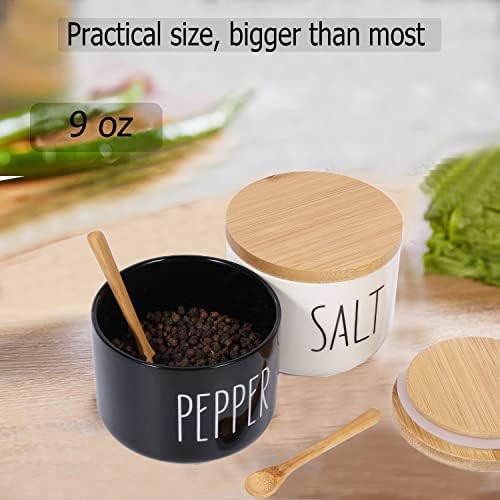 Vicukie Farmhouse Salt and Pepper Bowls, adega de sal de cerâmica empilhada com tampa de bambu, recipiente de sal com tampa e colher,