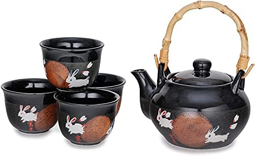 Happy Sales HSTS-RBTMN5, Perfect 5 Peças Cerâmica Japonês Design Tea Conjunto de Tea Rabbit & Moon