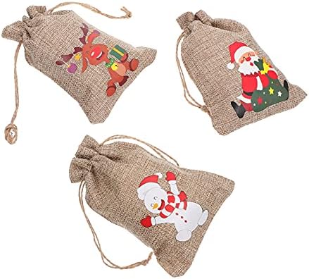Sacos de presente de Santa Cabilock Santa 6pcs sacolas de linho de Natal com cordões de traços Bolsas de presente de estopa de Natal