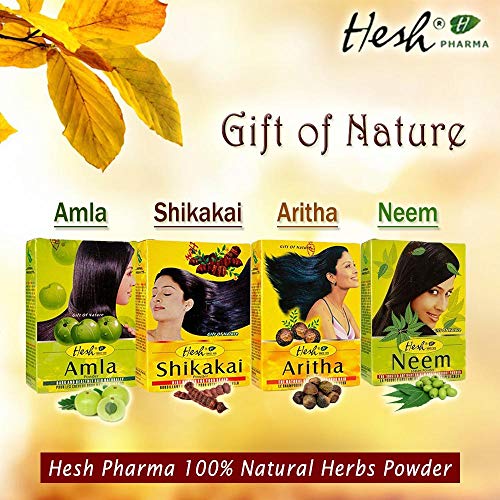 Hesh Herbal Amla Powder 100g, Neem Powder 100g, Shikakai Powder 100g, Aritha Powder 100g - 1 Pacote completo de combinação de cuidados com o cabelo