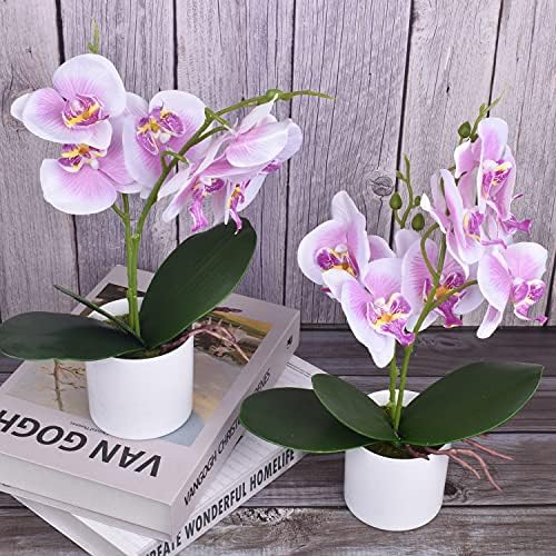 Xonor Flores de orquídeas artificiais, 2 peças em vasos de orquídeas orquídeas falsas com vaso de plástico para
