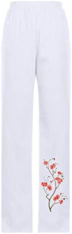 Calças de linho de algodão casual de verão para mulheres calças de perna reta larga com cintura alta com bolsos com