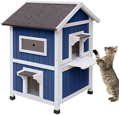 Hicaptain 2 Histórias Casa de gatos ao ar livre à prova de intempéries, abrigo de gatos selvagens de luxo com varanda e porta de fuga - azul marinho