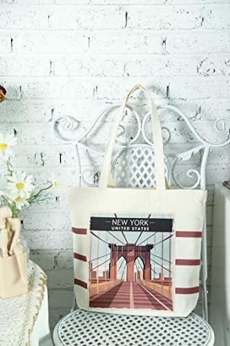 Langcygo Canvas Bag com um bolso interno, fechamento de zíper superior, sacolas de ombro americanas para mulheres compras de compras,