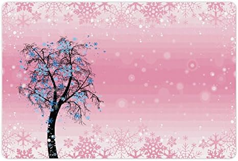 Tapete de estimação rosa pálido lunarável para comida e água, árvore de flocos de neve de Natal com folhas azuis de inverno